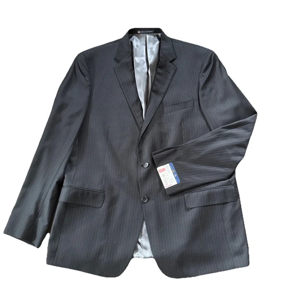 Hart Schaffner Marx Blazer Men 48L Charcoal Pinstripe 100% Worsted Wool USA NWT